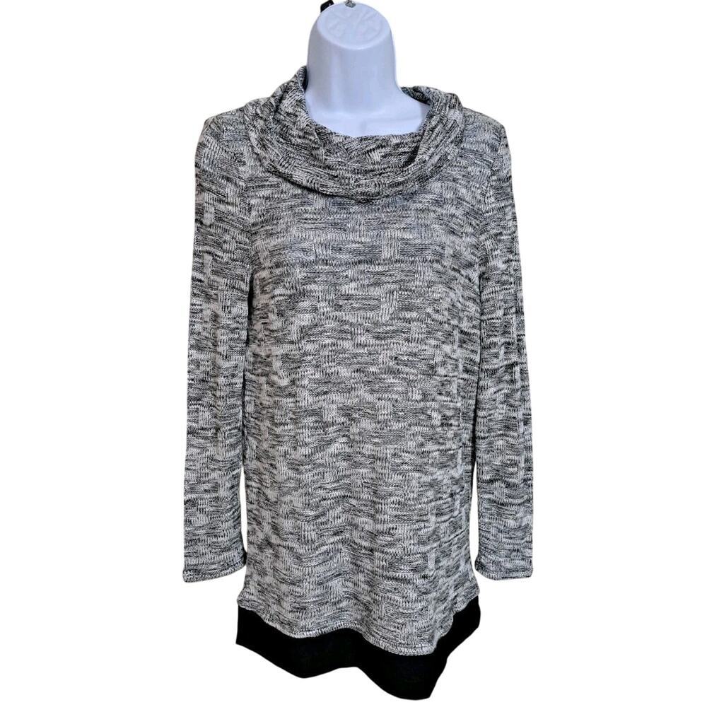 Chico’s Spacedye Blur Tunic Sweater Top W/ Hem Sz 0 US 4-6 Cowl Black Lagenlook